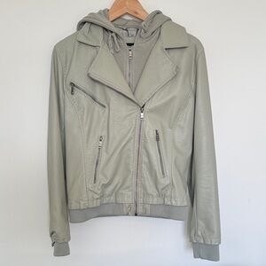 Never Worn Women's Hooded Faux Leather Biker Jacket in Light Sage
